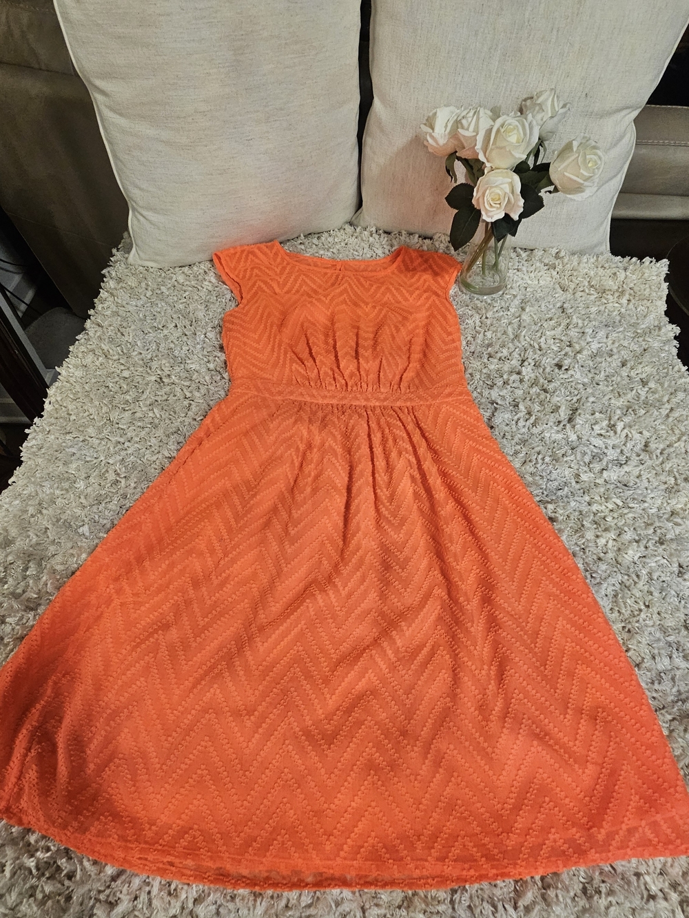 J. Crew Chevron-Texture Cap Sleeve Midi Dress in Vibrant Orange